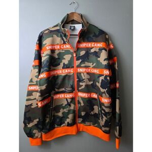 Sniper Gang Camo Track Jacket Orange Logo Tape Full Zip Mens Large Streetwear